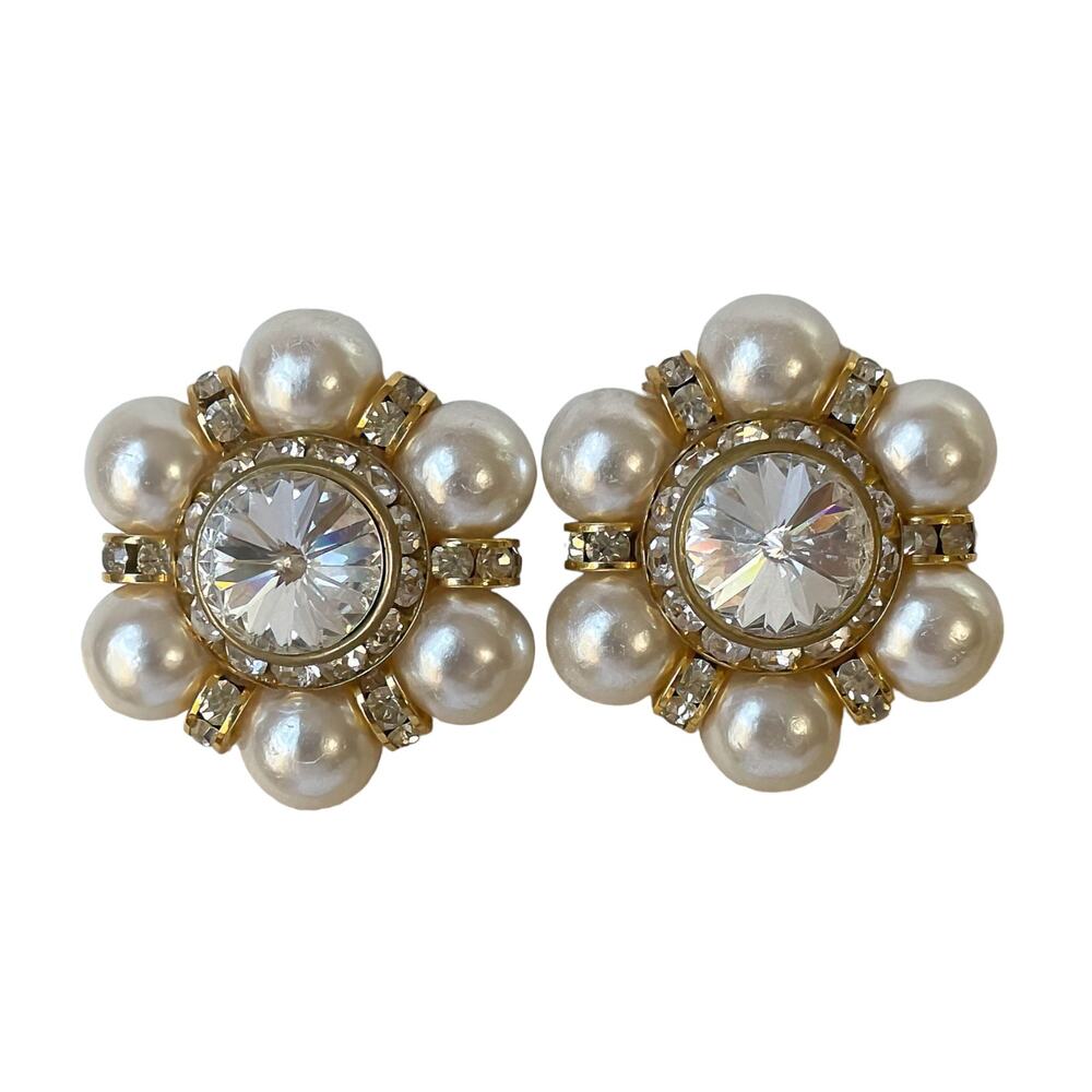 80s White Rhinestone Faux Pearls & Gold Plate Oversized Circular Clip Earrings